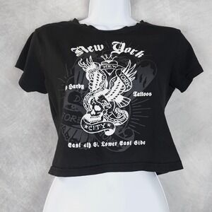 Ed Hardy Shirt Womens Large Black New York City Tattoo Skull Graphic Crop Top